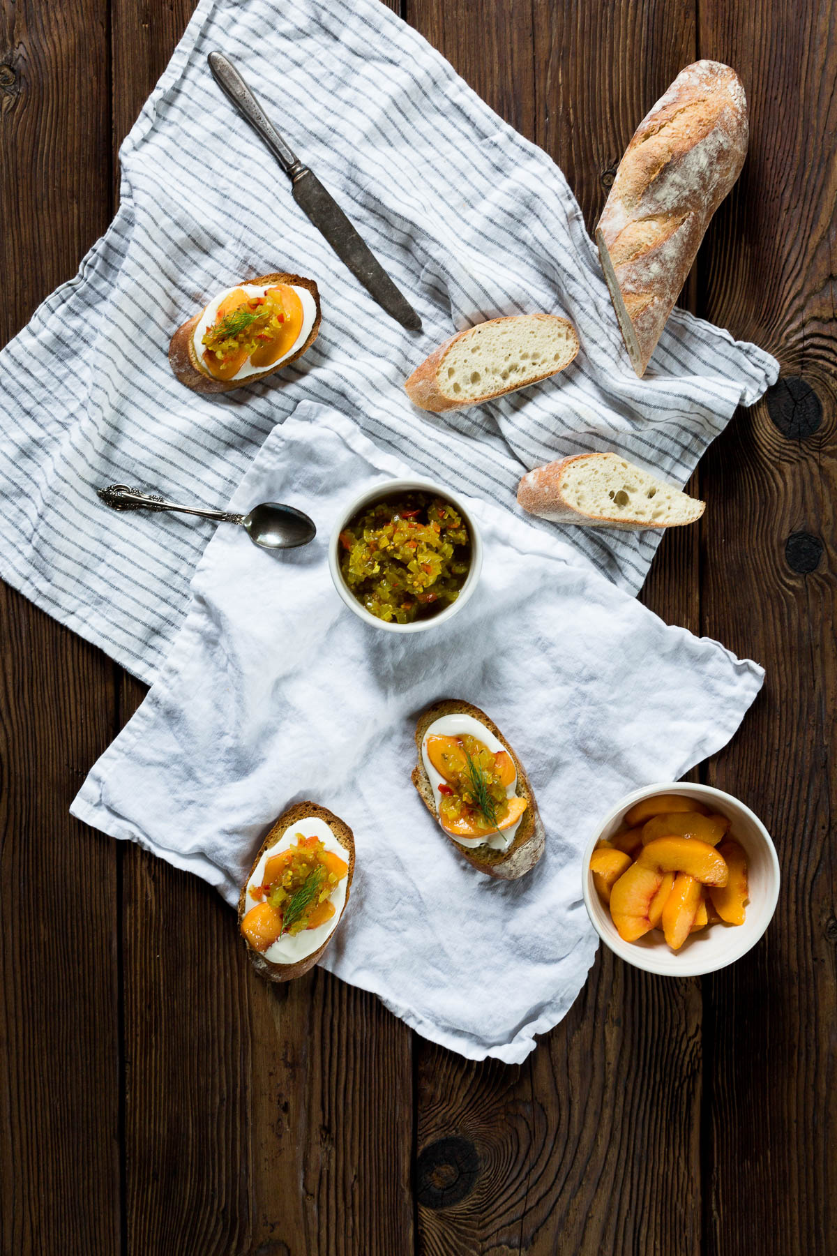 homemade dill relish crostini with peaches and quark // a thousand threads